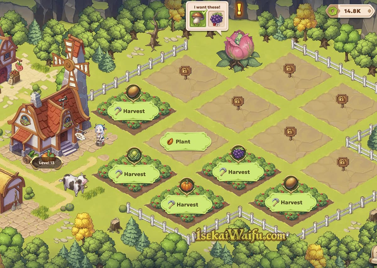 Farm-Minispiel mit Beeten und Pflanzen